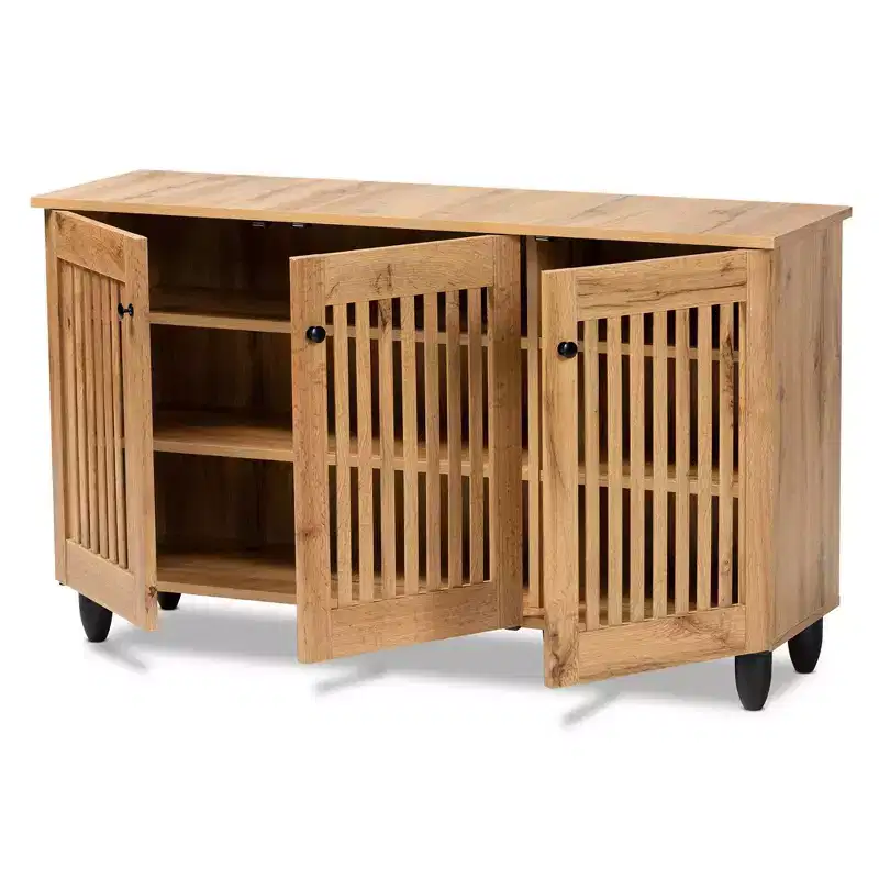 Baxton Studio Fernanda Wood 3 Door Cabinet Oak Brown/Black: Fixed Shelves, Shoe Organizer, 6-Tier Storage