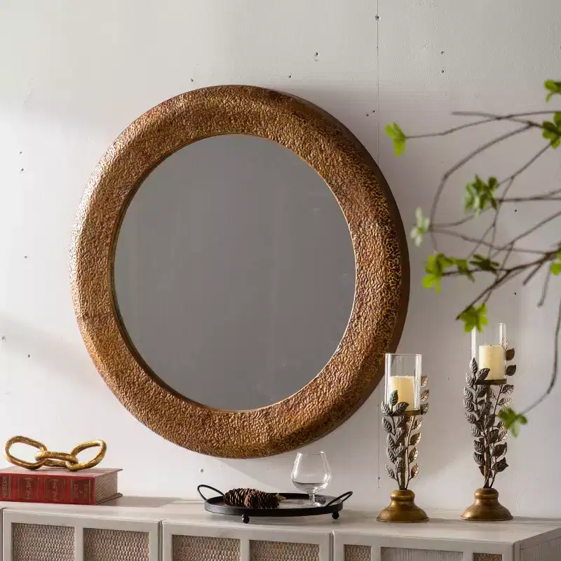 31 Luxury Round Wall Mirror with Hammered Iron Frame, Rustic Accent Mirror for Living Room, Entryway, or Hallway-Panipeachy