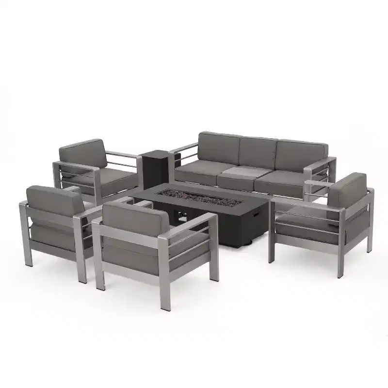 Christopher Knight Home Cape Coral Outdoor Aluminum 7 Seater Chat Set with Fire Pit