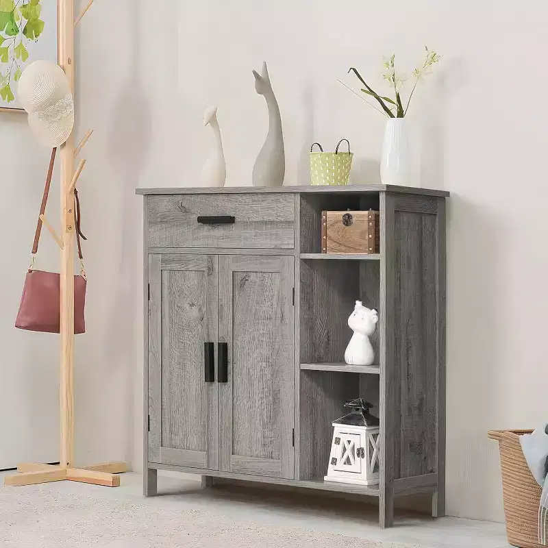 Floor Storage Cabinet with Doors, Shelves & Drawer, Bathroom & Coffee Bar