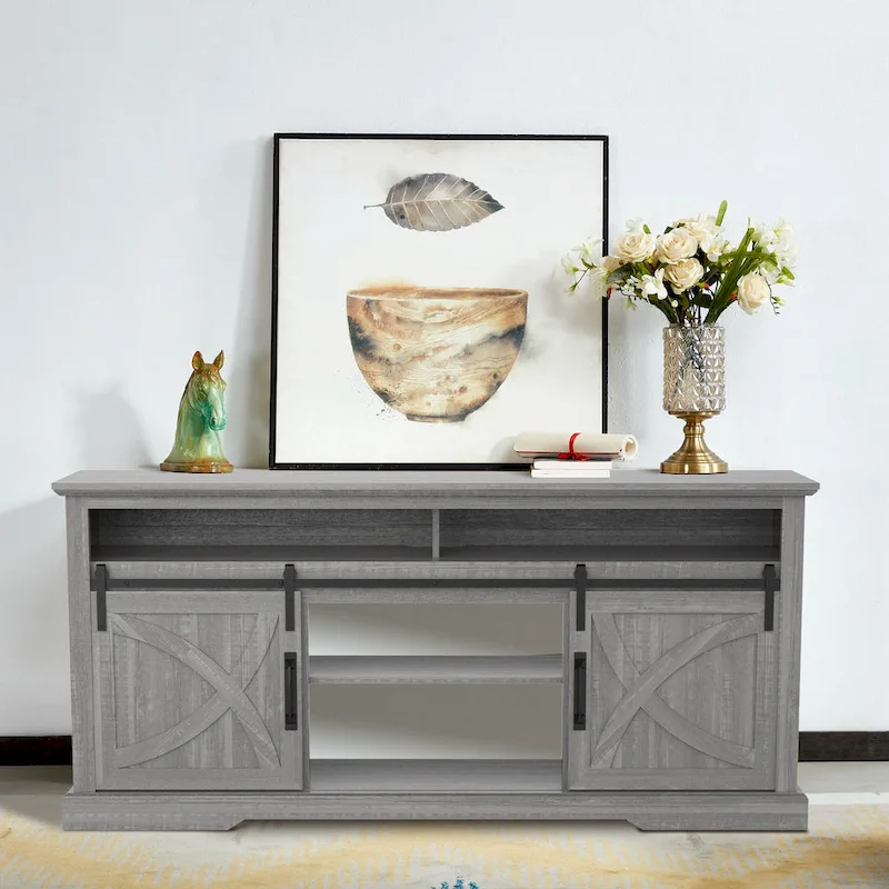 68 Farmhouse Grey Sliding Barn Door TV Stand with Storage Open Compartment