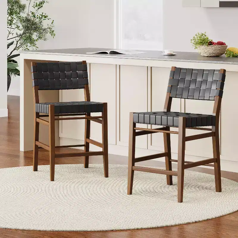Christopher Knight Home Lumft 24.25 Woven Leather Rubberwood Counter Stool with Footrest