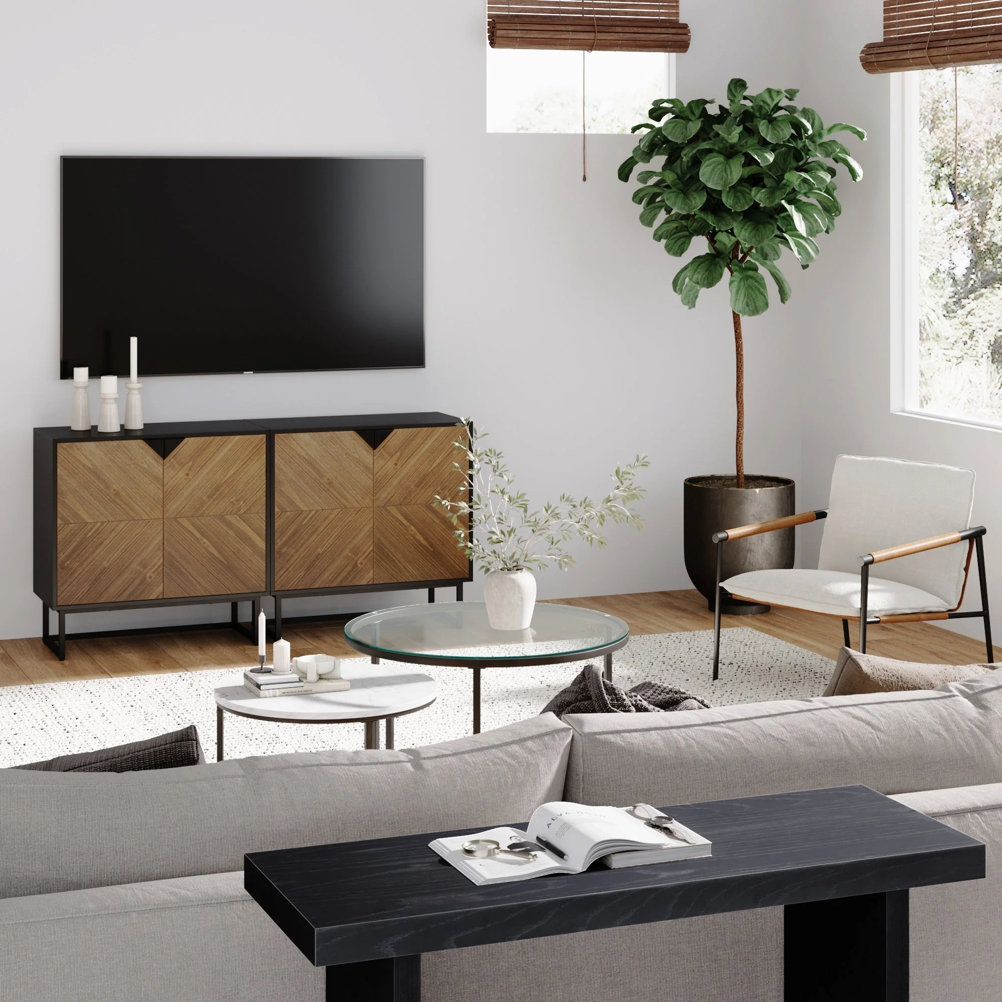 Wood 2-Door TV Console for TVs up to 65 Brushed Fir
