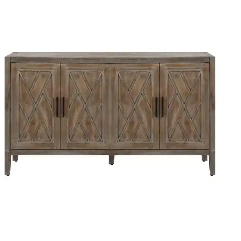 HomeRoots 60 Natural and Brown Distressed Carved Geometric Sideboard with Four Doors