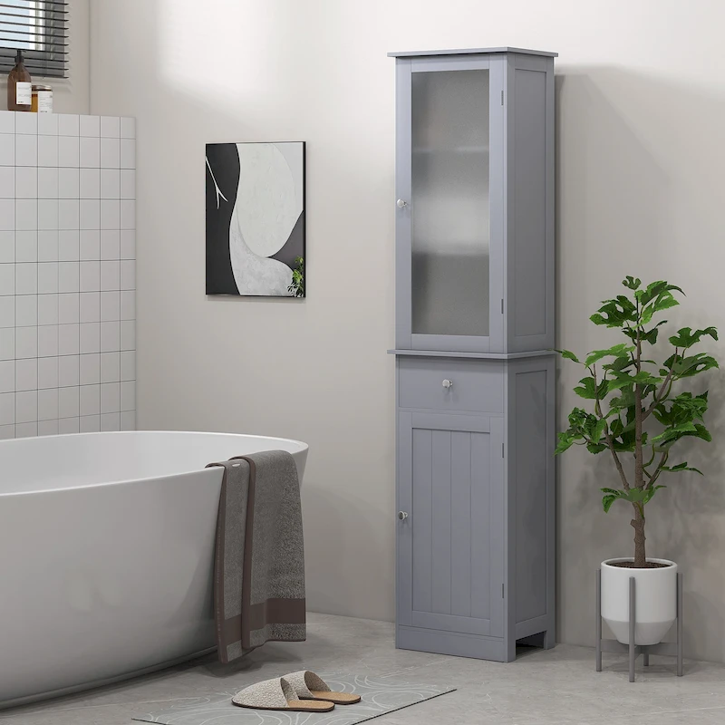 kleankin Slim Bathroom Storage Cabinet, Tall Bathroom Cabinet, Narrow Linen Tower with Acrylic Door, Drawer and Shelves, Gray