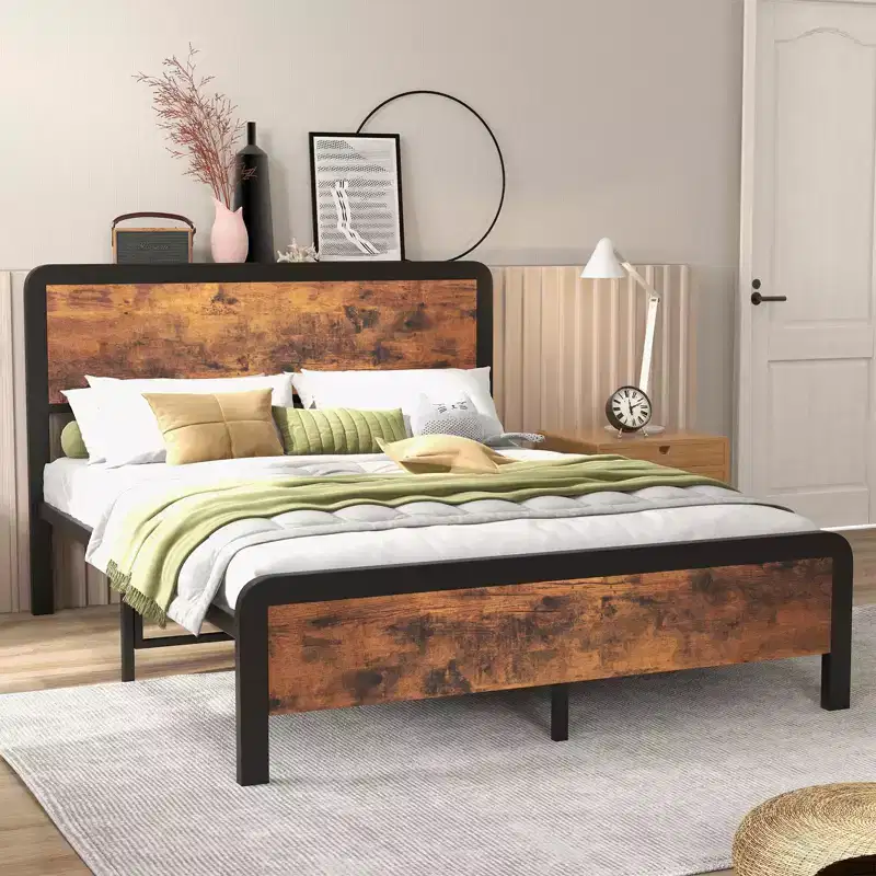 Bed Frame with Wood Headboard, Metal Platform Frame with Rounded Corner, 12 Storage Spaces