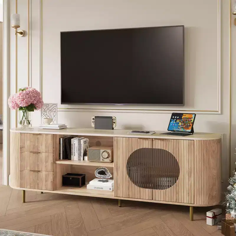 JVNOXK 65-inch Modern Recessed TV Console with Marble-Look Countertop and Gold Accents, Suitable for Living Rooms, Natural Oak