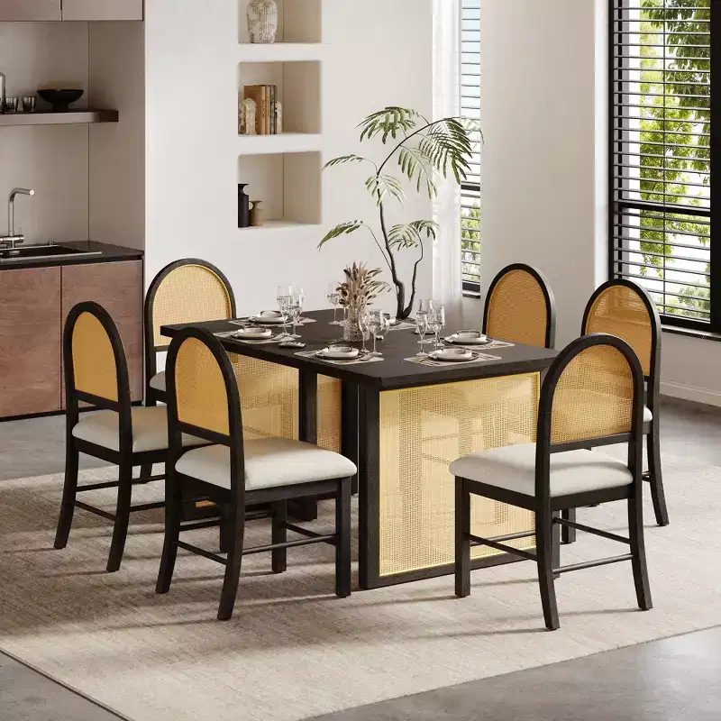 GDFStudio Rose 7 Piece Farmhouse Dining Table Set with 59.8 Rectangular Dining Table and Upholstered Rattan Chairs