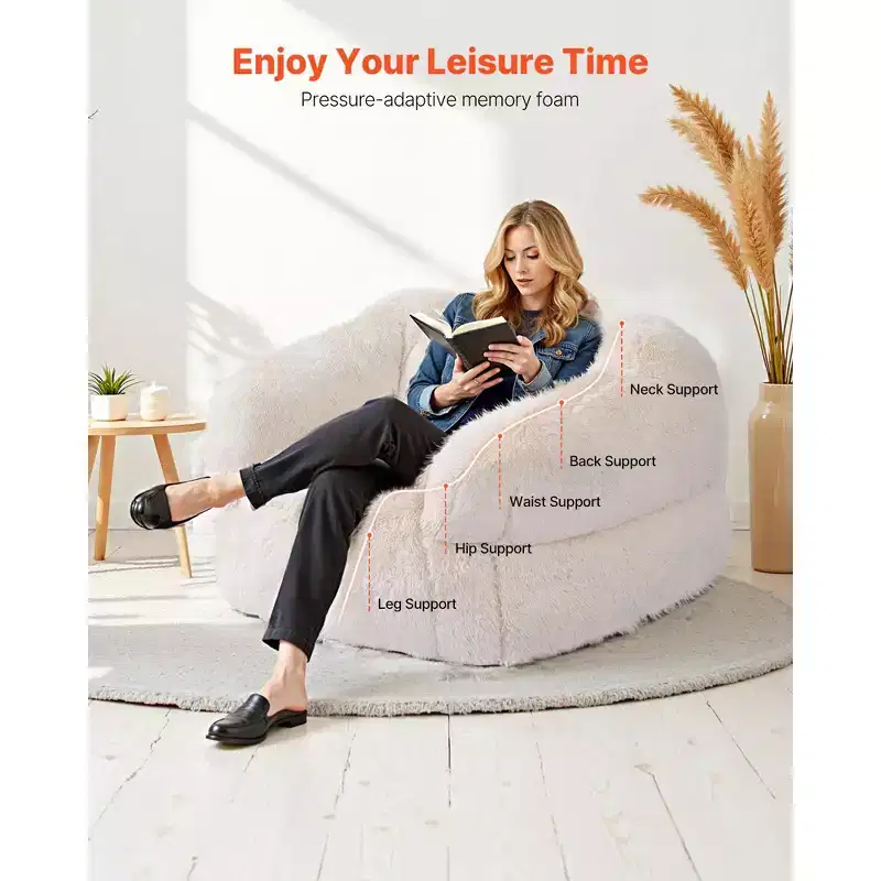 Bean Bag Sofa Chair with Armrests Plush Faux Fur Cover and High-Density Foam Filling Beige