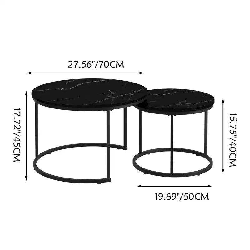 Nesting Coffee Table Set of 2, Wood Marble Pattern Top with Sturdy Metal Frame, 27.6in Round Side Table for Living Room Bedroom Balcony Yard