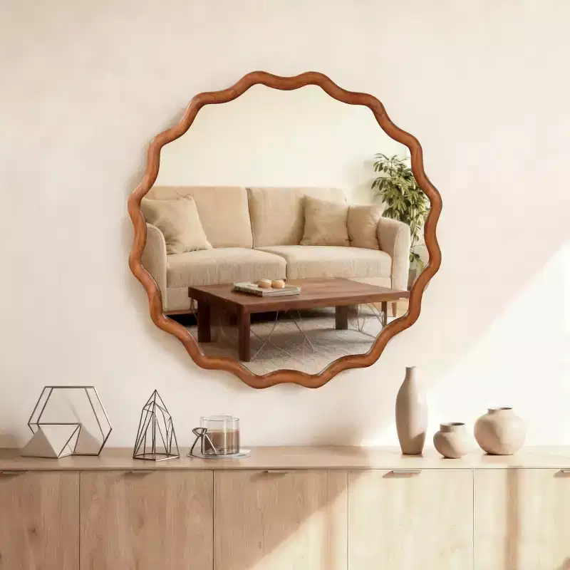 Round Decorative Wall Mirror with Wavy Design, Modern Accent Mirror for Bedroom, Bathroom, Living Room, Entryway-Panipeachy