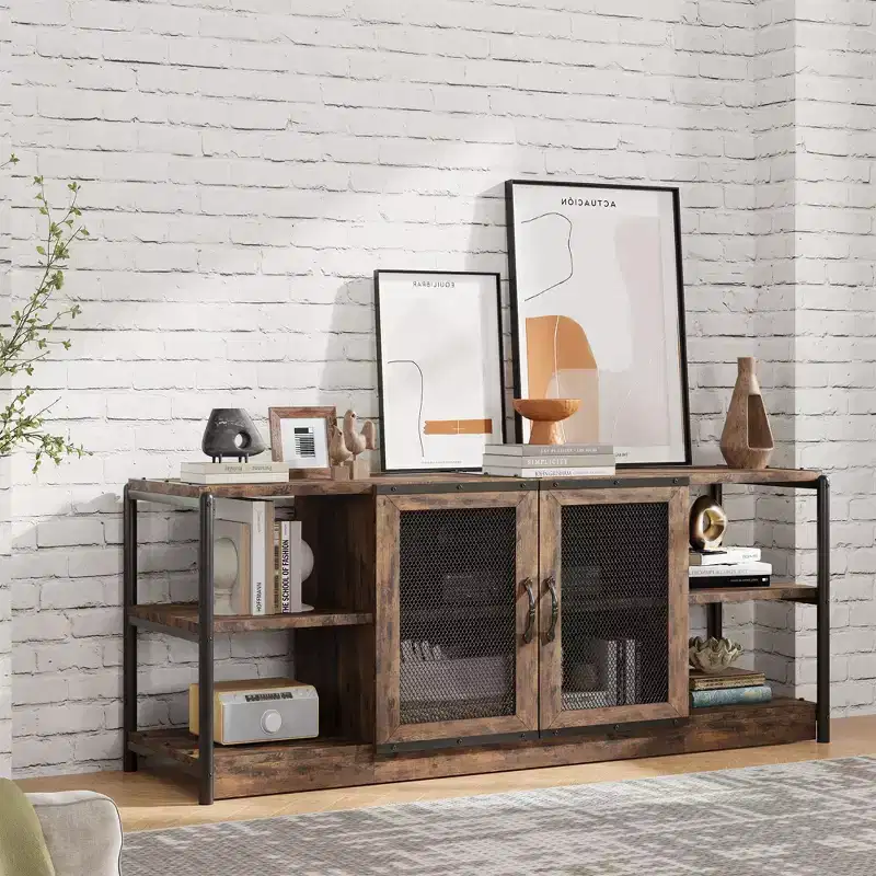 Farmhouse TV Stand for 65/75 Inch TVs, Industrial Entertainment Center With Double Mesh Doors and Storage Cabinet