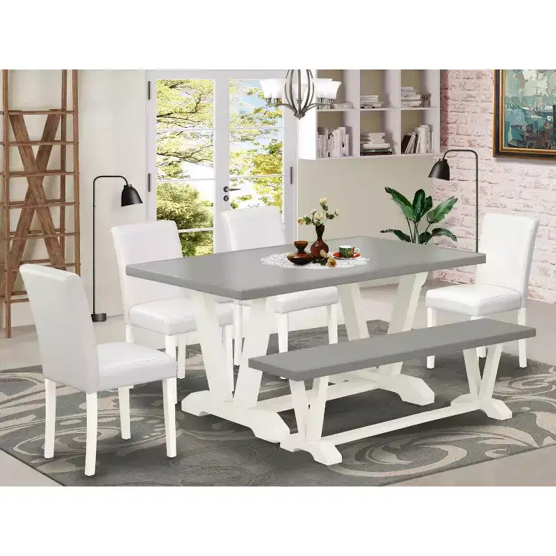 6-Pc Rectangle Natural Oak Finish Solid Wood Top Dining Table with 1-Bench, 4-Chairs