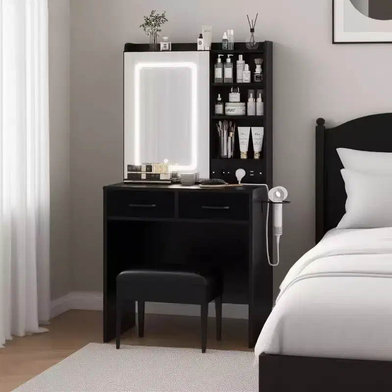 Makeup Vanity Desk with Mirror and Lights, Vanity Table Set with Charging Station, Dressing Table with Stool, 2 Drawers, Power Outlets & USB Ports