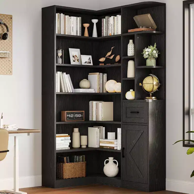 74 Tall Corner Bookshelf with 6 Open Shelves, Drawer & Cabinets, Modern L-Shaped Storage Bookcase for Living Room, Office, or Bedroom Display