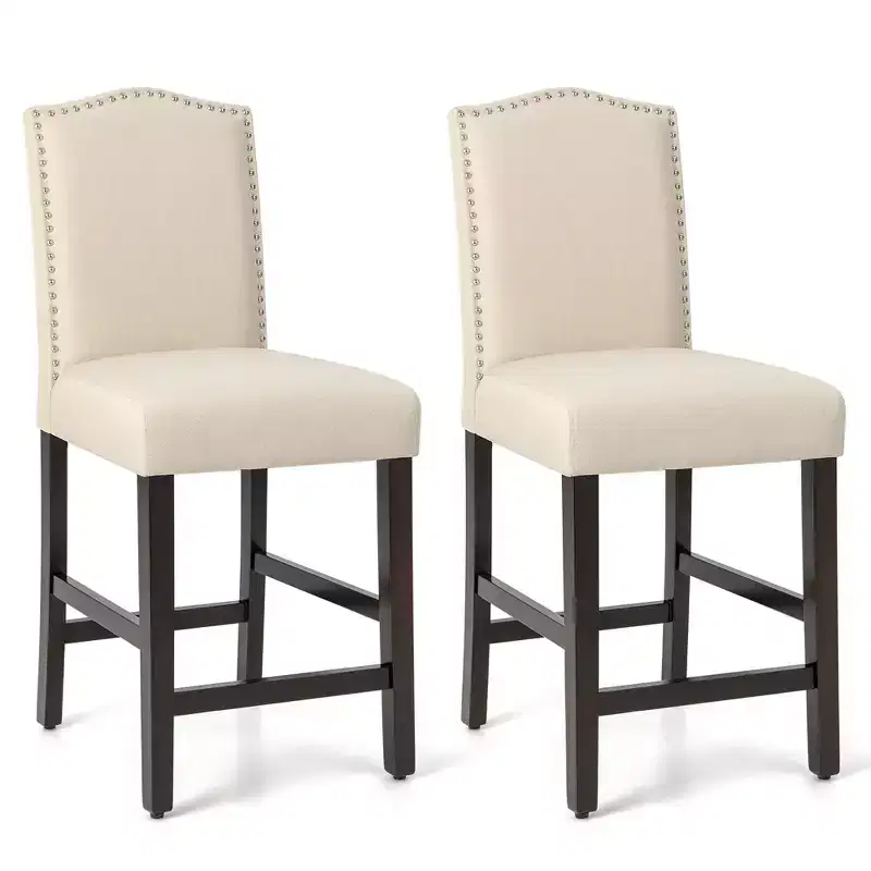 Costway Set of 2 Upholstered Bar stools 25'' Counter Height Chairs with Rubber Wood Legs Grey/Beige