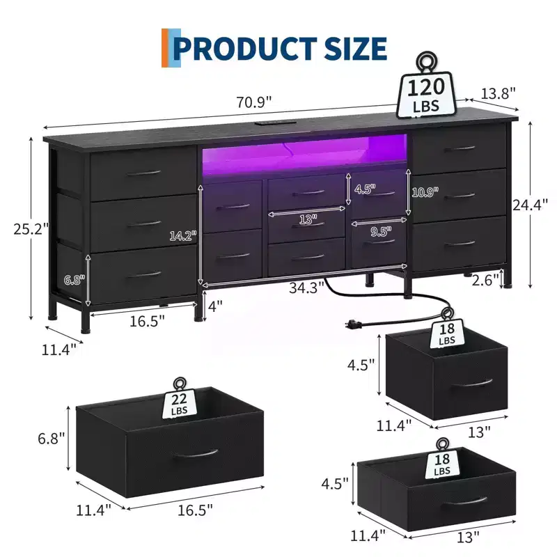 COZONY 70 Black Dresser with 13 Fabric Drawers & LED Lights, Wide TV Stand Chest with Metal Frame for Bedroom & Living Room