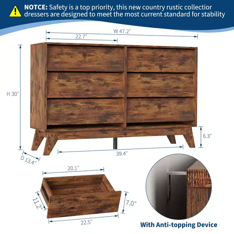 6-Drawer Dresser for Bedroom, 47.2 in Wide Mid Century Chest of Drawers, Wooden Dresser TV Stand, for Bedroom, Living Room, Hallway