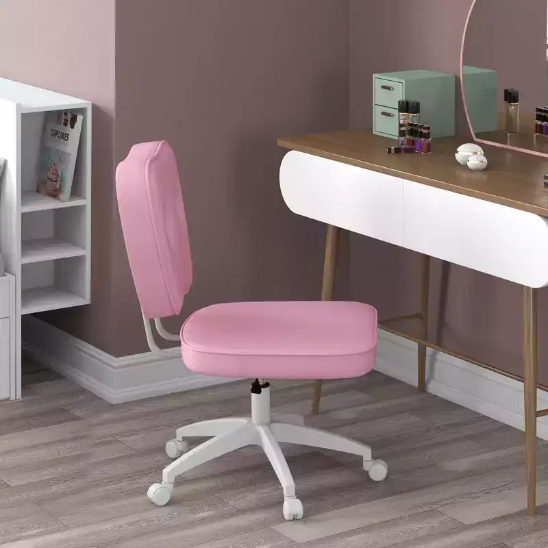 Okak Cute Armless Office Chair, Desk Chair with Wheels and Adjustable Height, Small Vanity Chair for Office, Home, Pink