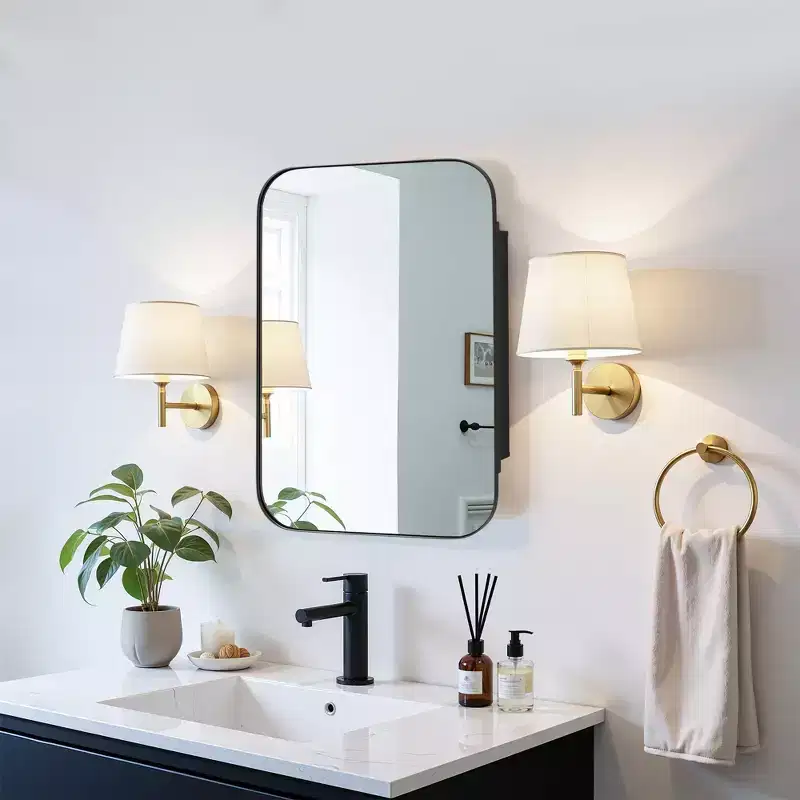 MAYEERTY 24 x 16in Modern Rectangular Bathroom Medicine Cabinets, Metal Framed Wall Mirror with Storage, Black