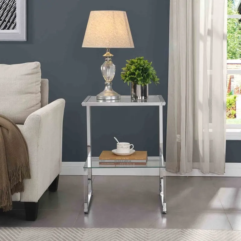 2-Tier End Table with Tempered Glass Shelves & Geometric Metal Frame