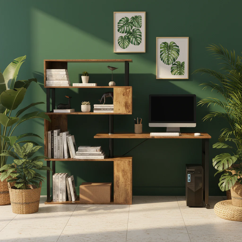Home Office Computer Desk L-Shaped Corner Table, Rotating Computer Table with 5-Tier Bookshelf
