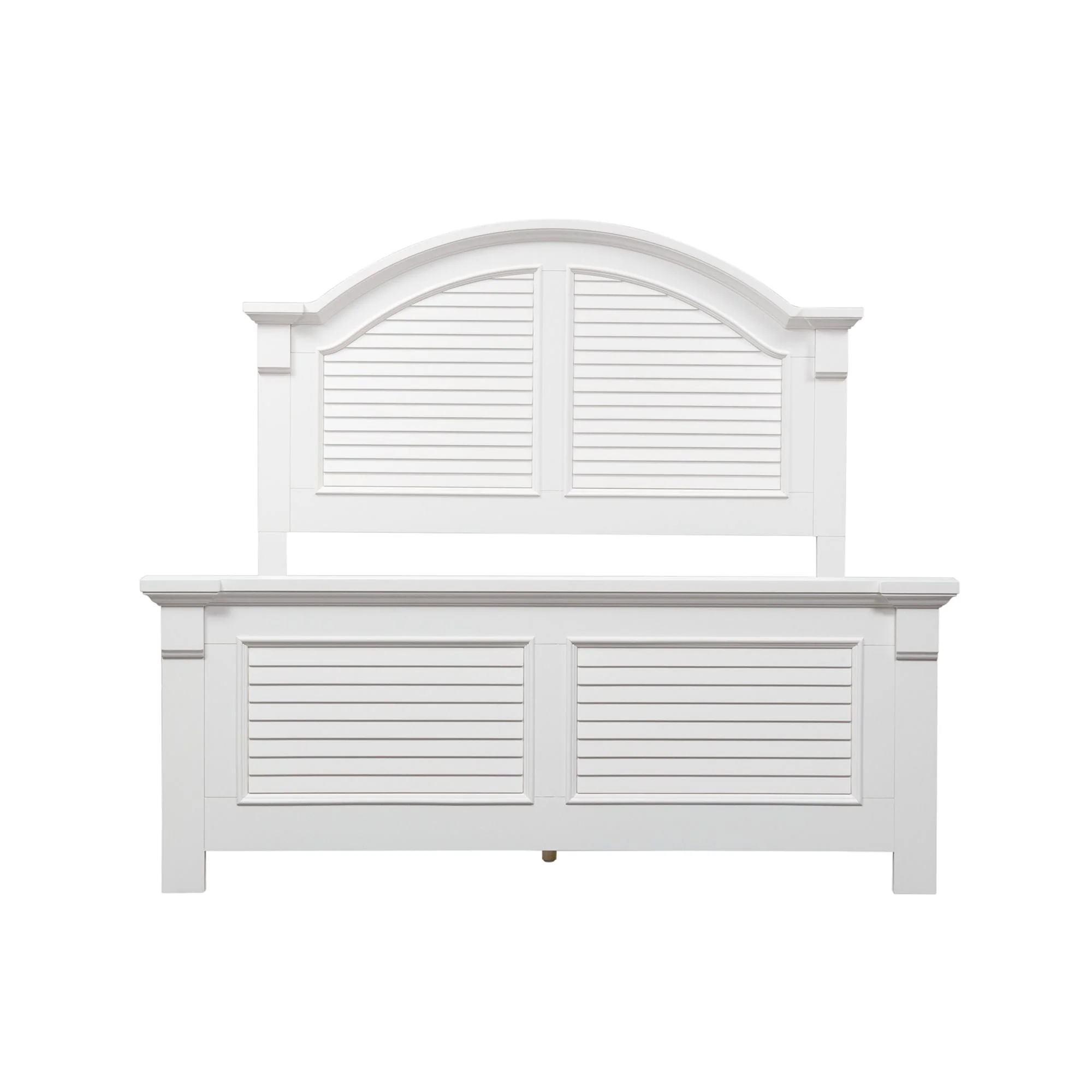 Panel Bed — The oyster white finish is accented by louvered panels and arched crown molding