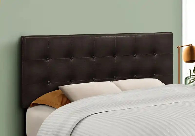 Upholstered Headboard in Brown Vegan Leather Fabric, Button Tufted