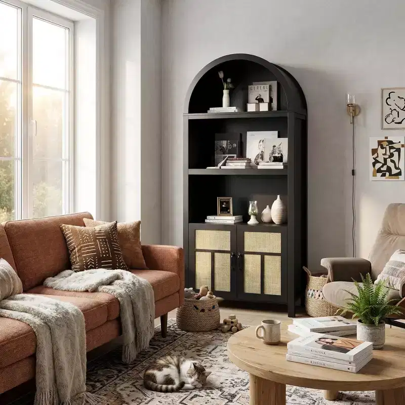 Arched Bookshelf Storage Cabinet with Rattan Doors