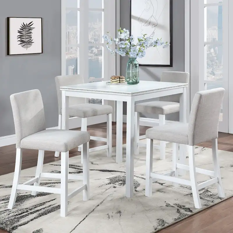 Modern 5-Piece Dining Set with Square Counter Height Table & 4 Upholstered Chairs