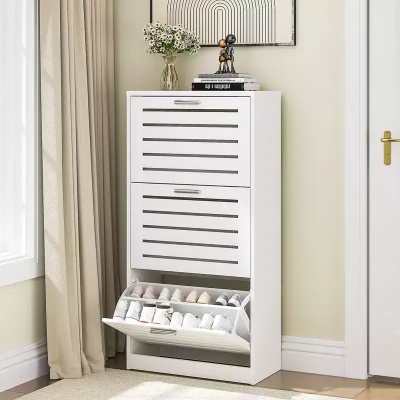 VECELO 3-Shelf Shoe Cabinet Storage for Entryway with 3 Flip Drawers Slim Hidden Free Standing Organizer, White