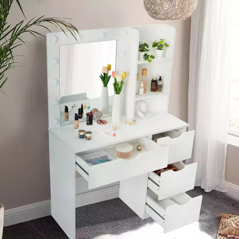 Makeup Vanity with Drawers, White Vanity Desk with Mirror and Lights in 3 Colors 12 LED