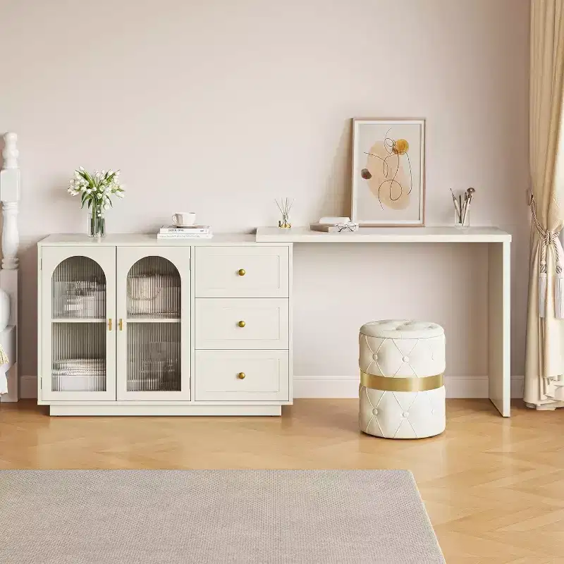 Heynemo Makeup Vanity Desk, Extendable Corner Vanity Makeup Table with 3 Drawers & 2 Doors, Modern Dressing Table for Bedroom