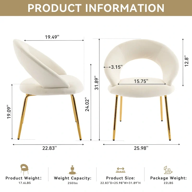Velvet Dining Accent Chairs with Curved Backrest and Gold Metal Legs - 250lb Capacity