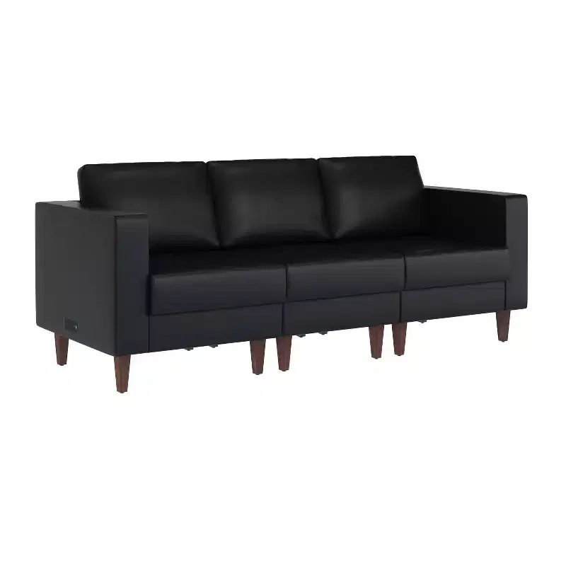 Flash Furniture HERCULES Artemis Upholstered Reception Sofa with 4 AC Outlets/2 USB/2 USB-C Ports and Wood Walnut Legs with Adjustable Floor Glides