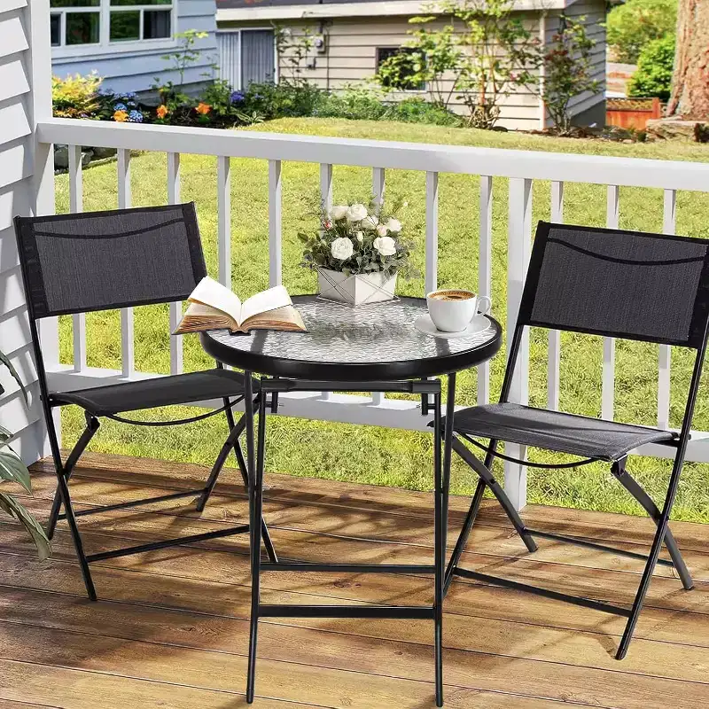 VINGLI Folding Glass Outdoor Side Table, 23.6 Inches Small Foldable Patio Bistro Table with Tempered Glass Table Top,Round