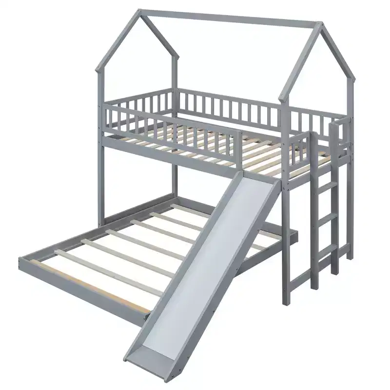 Whisen House Roof Design Twin over Full House Bunk Bed with Slide and Built-in Ladder