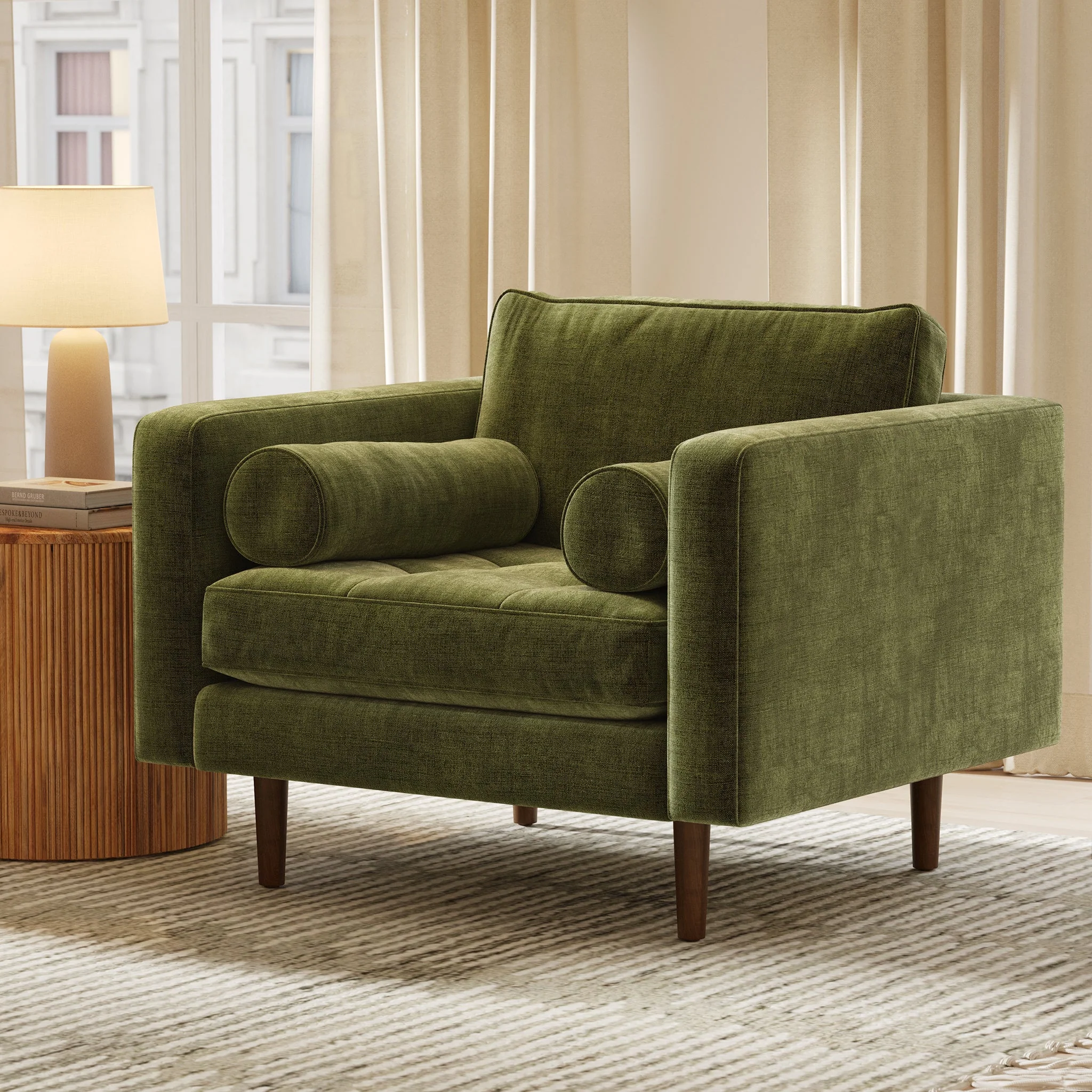 Modern Classic Distressed Green Velvet Lounge Chair with Kiln-Dried