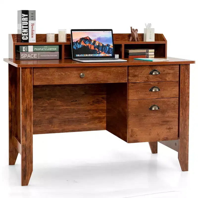 Rustic Brown Writing Desk with Storage Drawers & Monitor Stand, 1-Person