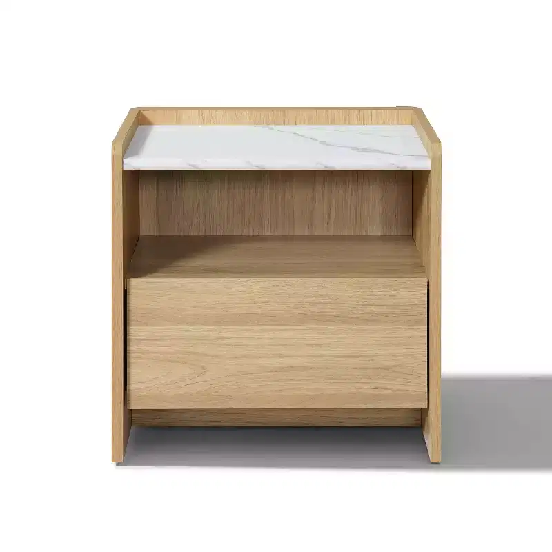 LuxenHome 23 Oak Nightstand with Faux Marble Top, Wood Bediside Table with Open Storage Shelf Brown