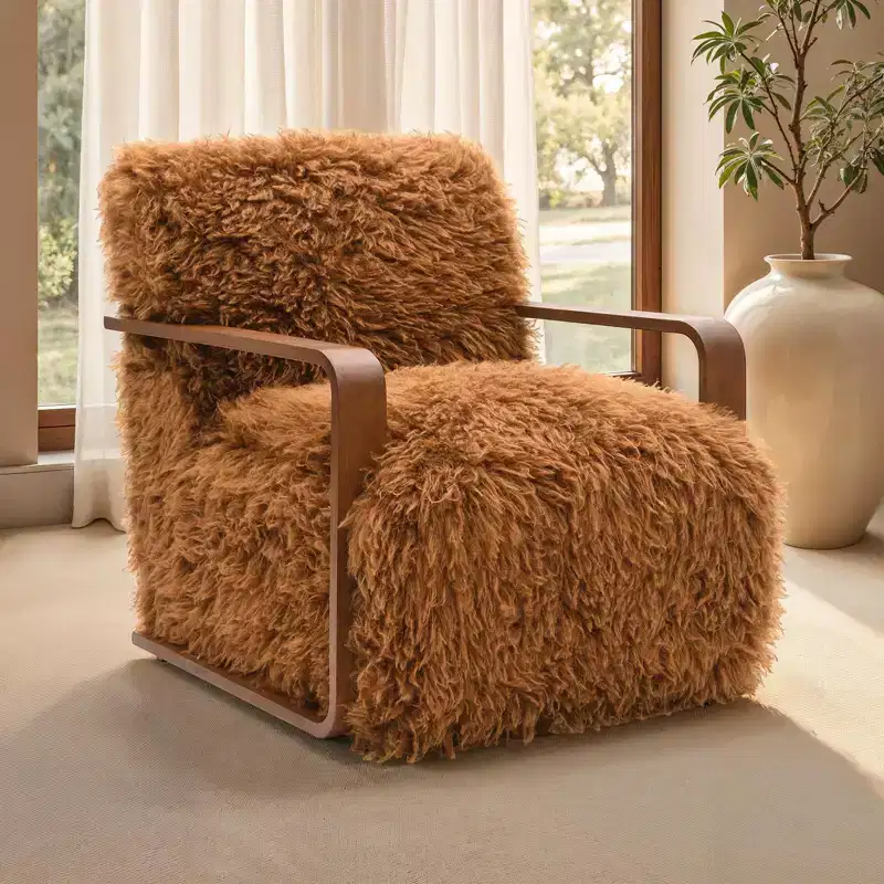 TUYOHW 28.3 Wide Faux Fur Accent Chair,Upholstered Lounge Chair with Curved Wooden Arms,Pocket Coil Spring,Armchair for Living Room,Bedroom