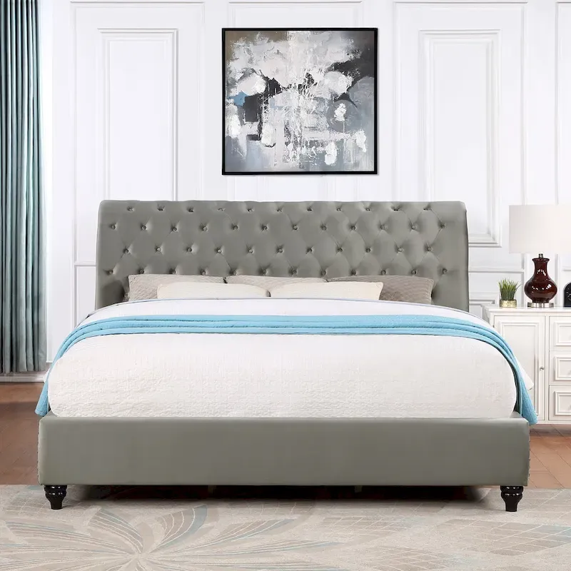 Gray Velvet Button Tufted Nailhead Sleigh Bed – Queen / King