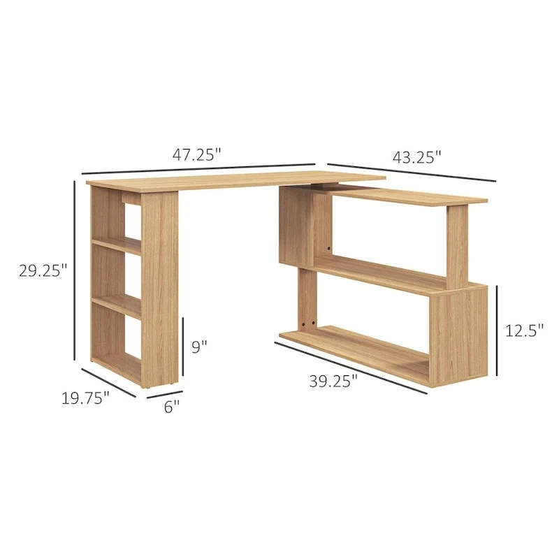 L Shaped Corner Desk,360 Degree Rotating Home Office Desk w/Shelves