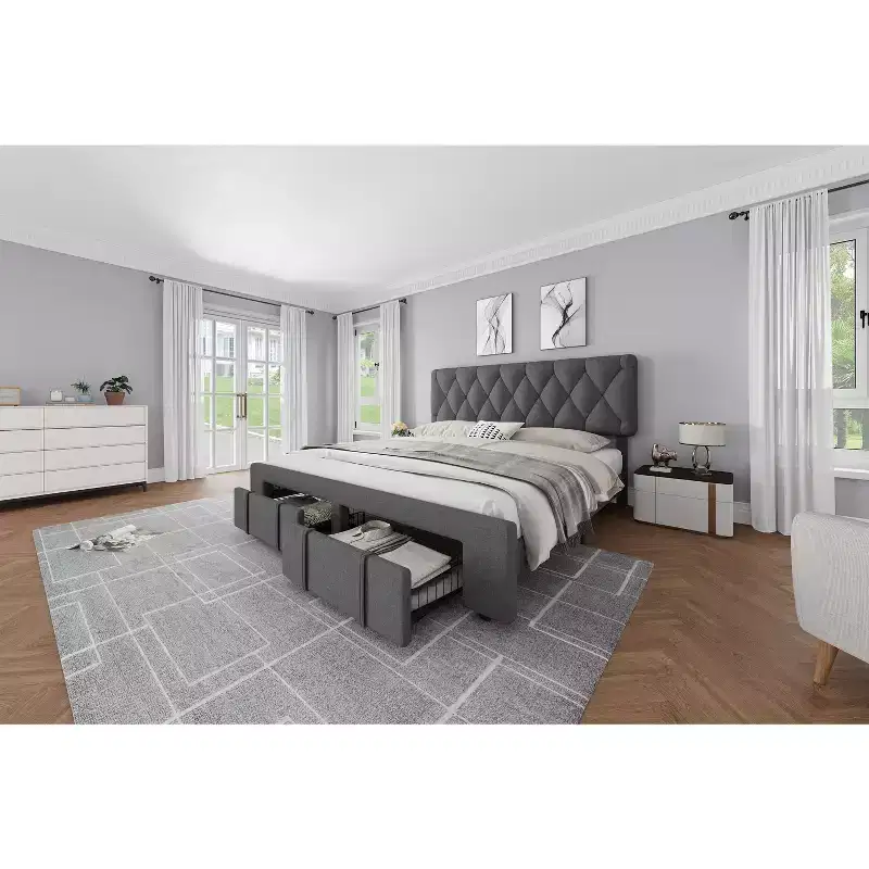 Queen Size Bed Frame Upholstered Platform with Storage Drawers Mattress Foundation Solid Wooden Slats Support No Box Spring Needed
