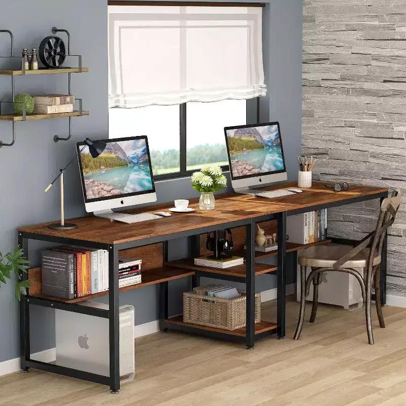Lantine Double Desk with Bookshelf, 78.7 Computer Office Double Desk for Two Persons, Writing Desk Workstation with Shelf for Home Office