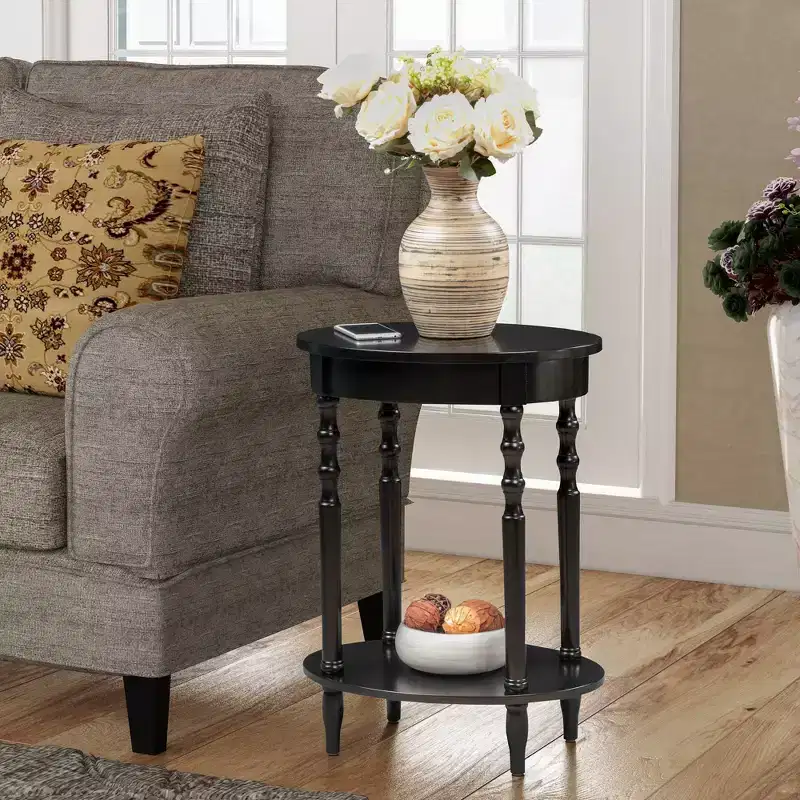 Oval Solid Wood End Table with Bottom Shelf, Spindle Legs, Black, 24H x 20W