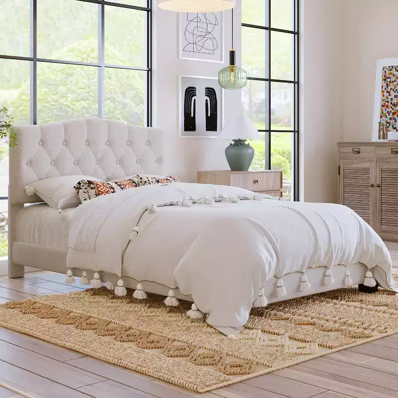Upholstered Linen Platform Bed Frame with Curved Tufted Adjustable Headboard Beige-ModernLuxe