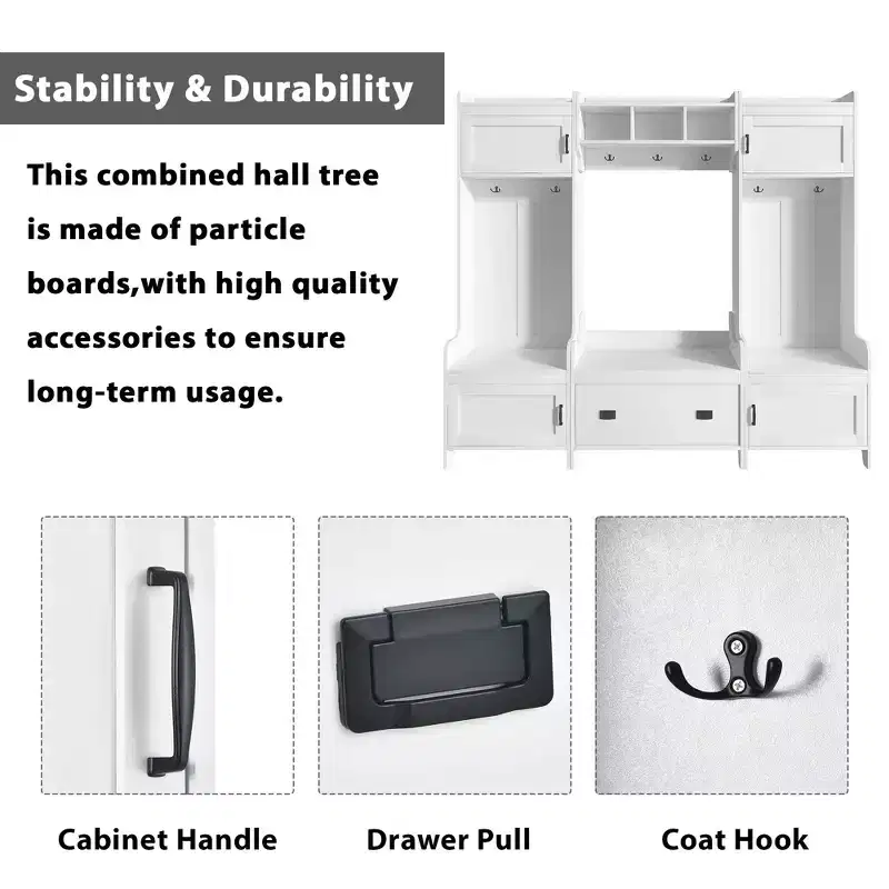 The Misty Moon White 4-in-1 Multiple Functions Hallway Coat Rack with Seven Metal Black Hooks Entryway Bench Hall Tree with Ample Storage Drawer
