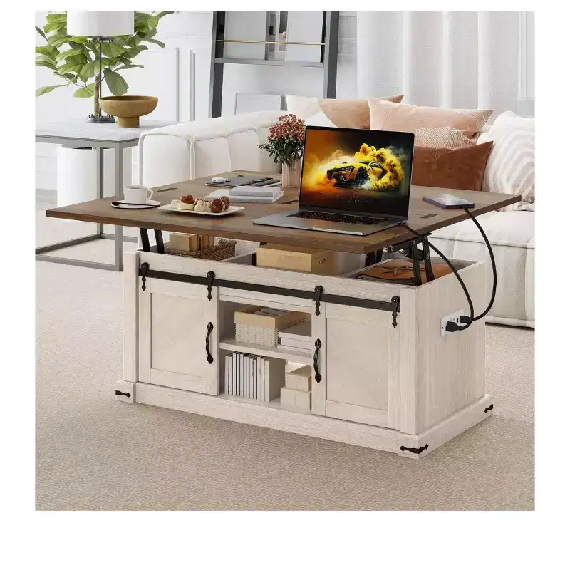 Farmhouse Lift Top Coffee Table With Expandable Tabletop & Barn Door & Charging Station For Living Room
