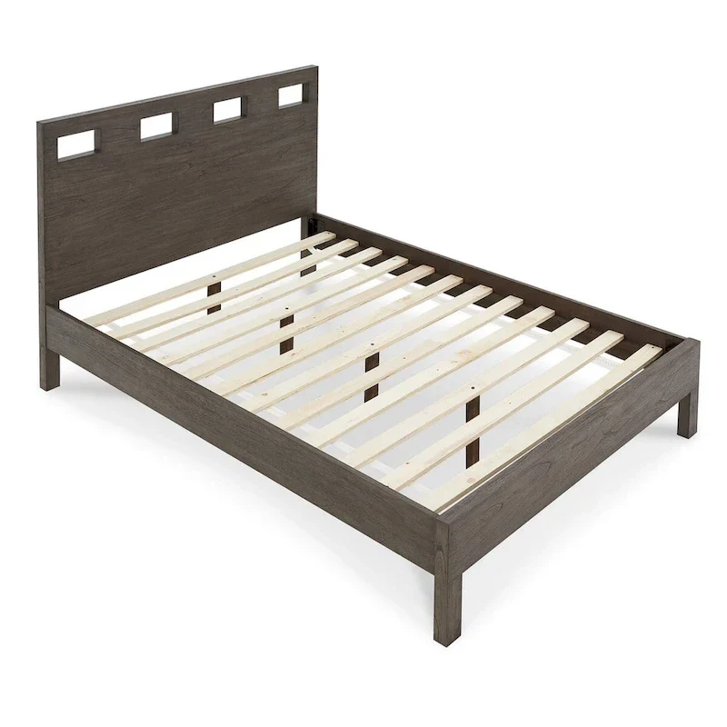 King Bed with Cut-Out Headboard, Gray Wood Finish, 4 Side Drawers
